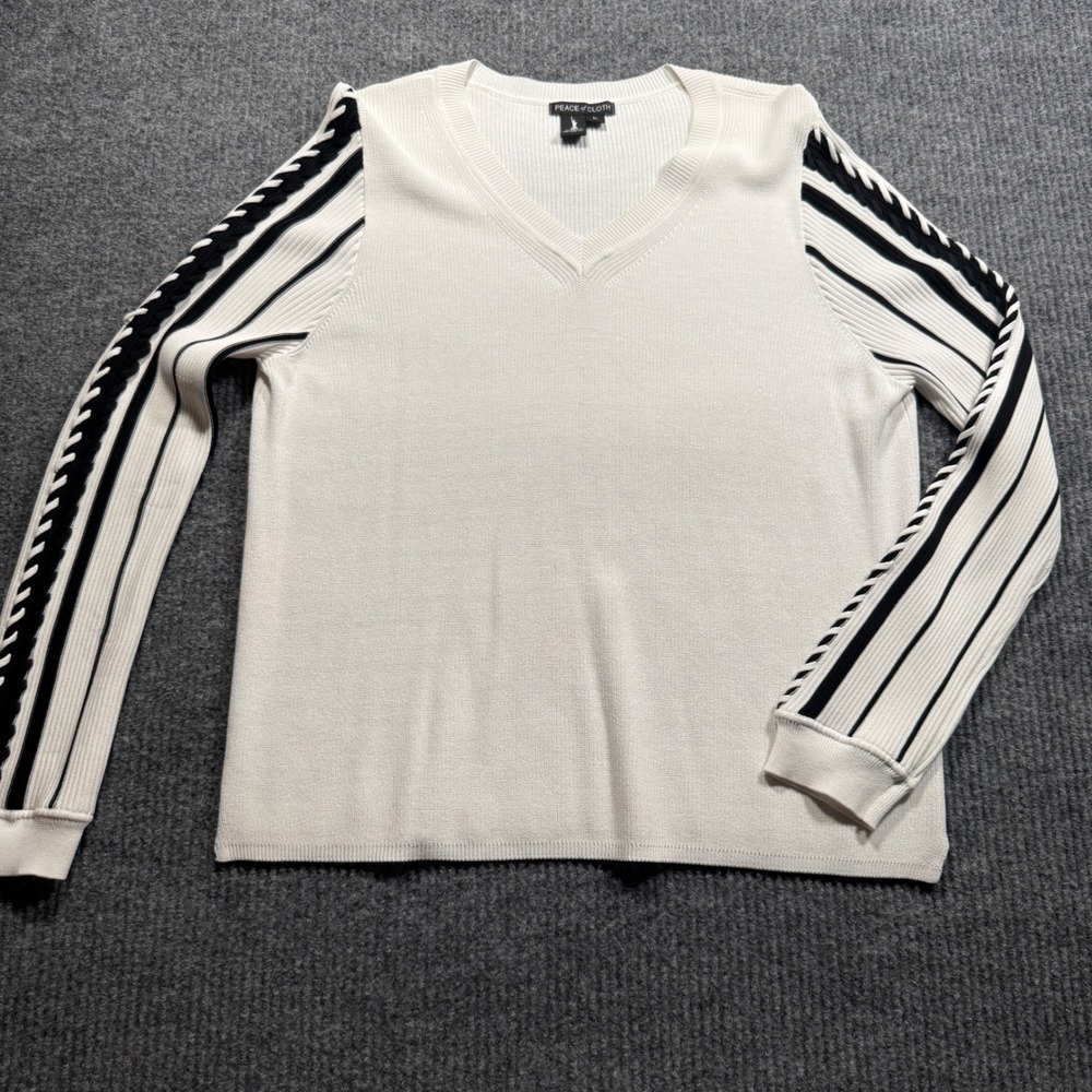 Peace of Cloth V Neck Sweater Womens L White Black Striped Braided Sleeve Preppy